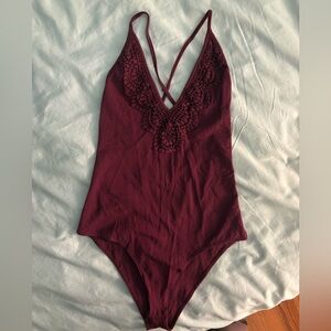 Kendall & Kylie Burgundy Deep V Neck Bodysuit | Size S